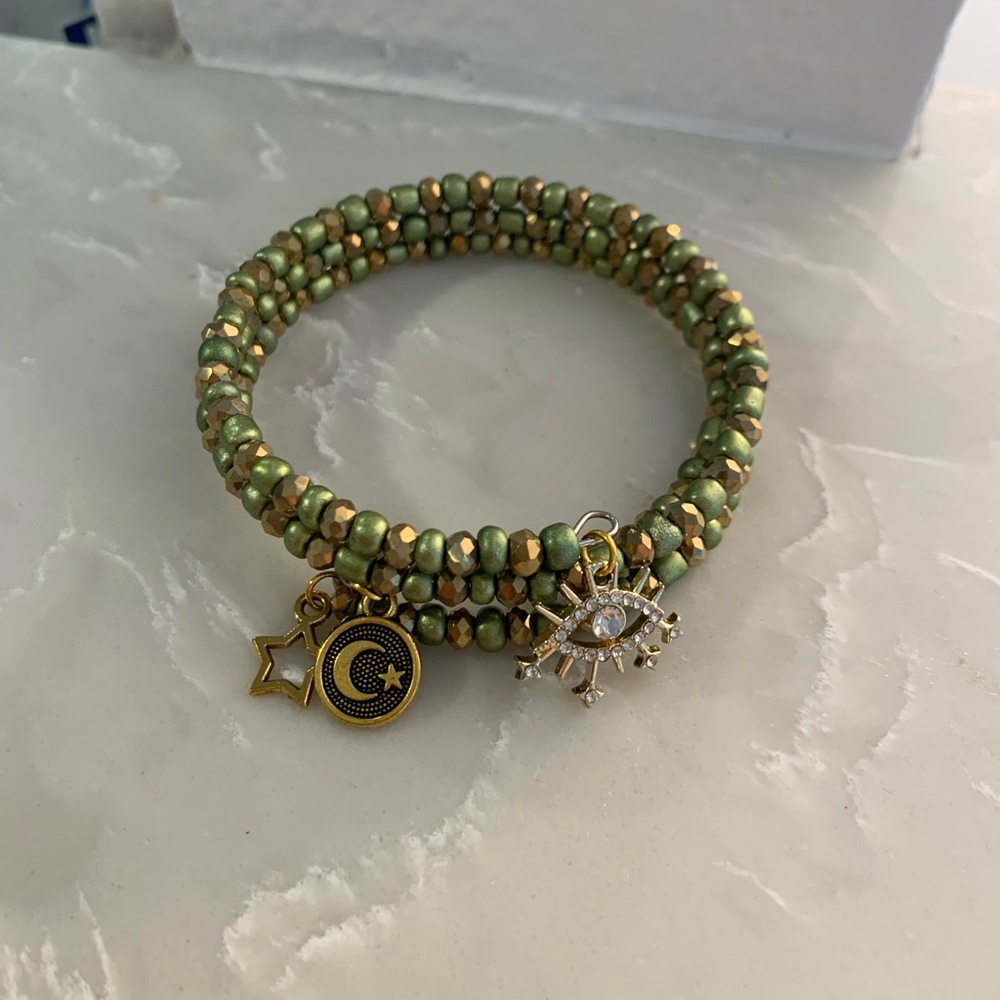 Handmade Bracelet Green/Gold - Evil Eye and Celestial Charms